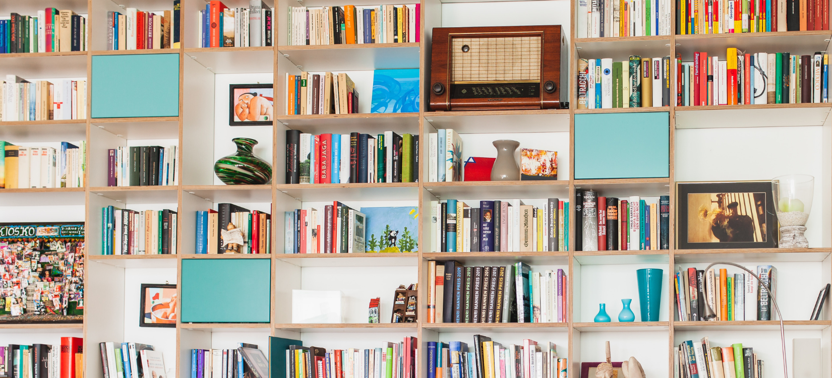 A colourful home library.